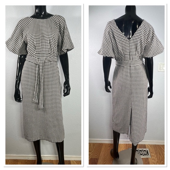 Zara Houndstooth Dress with Puff Sleeves Sz M 100% Cotton Black & White - Picture 2 of 9
